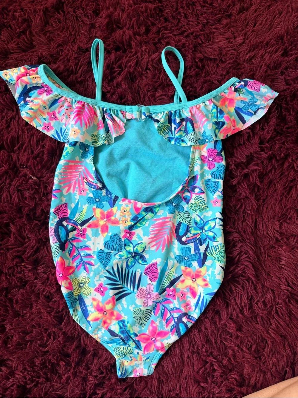 Xhilaration Girls Turquoise Pink Floral Ruffle One-Piece Swimsuit